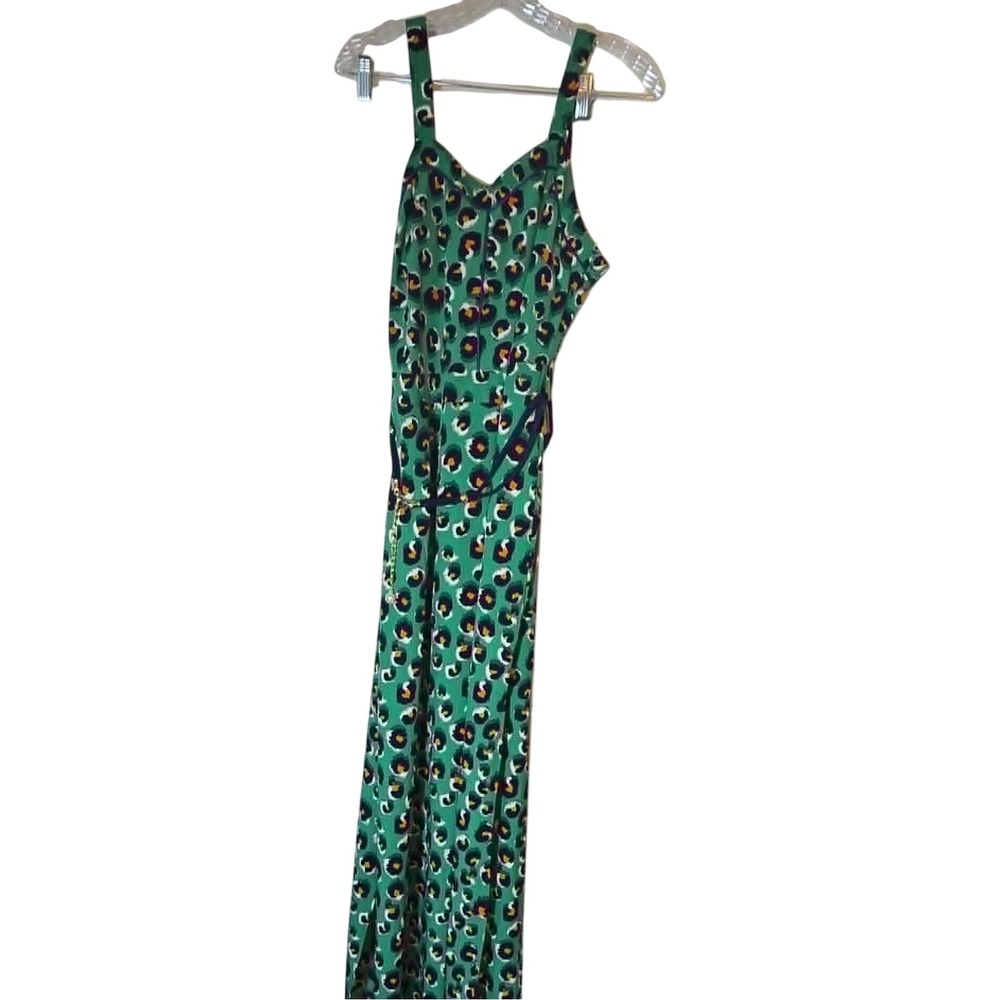 Joy & Co Green Leopard Print Maxi Dress Navy‎ Braided Belt Side Slit NWT